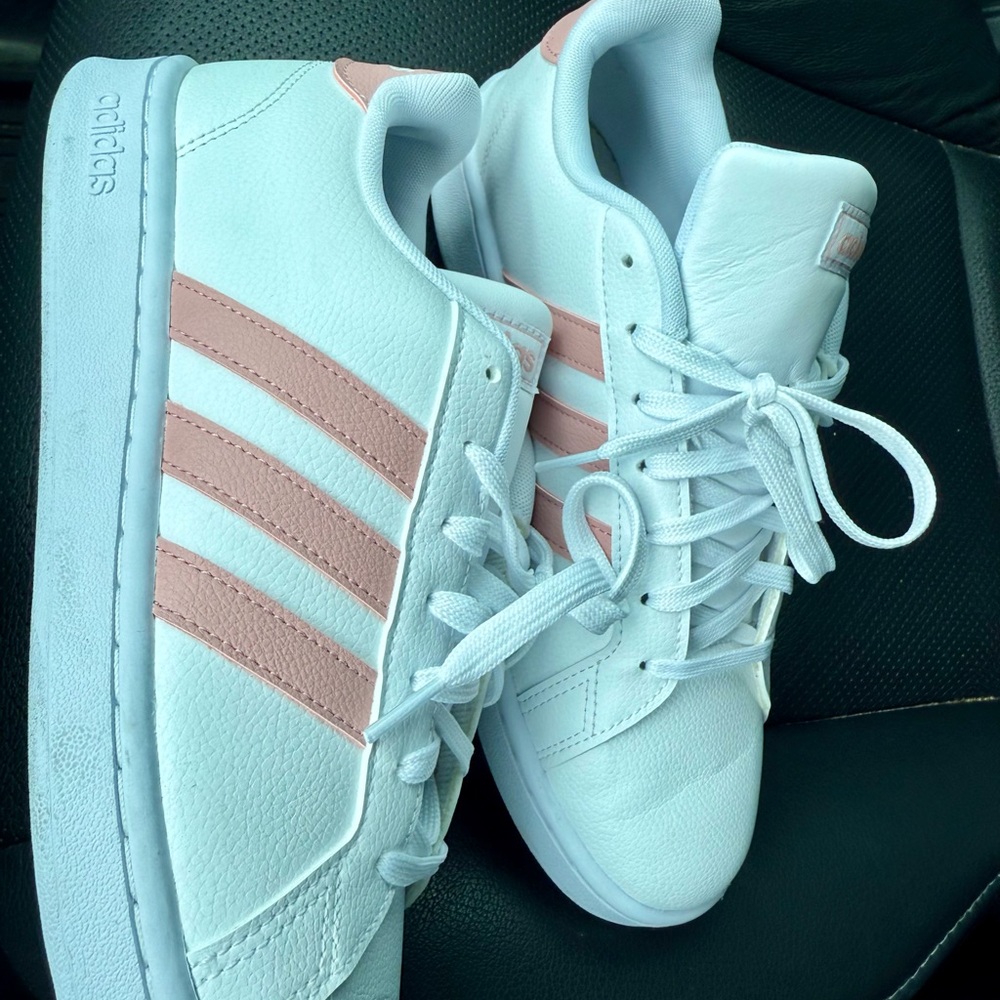 Adidas White Sneakers with Soft Pink Stripes